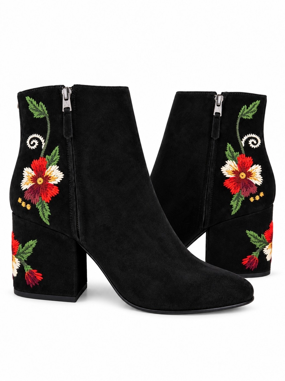Sam Edelman Tavi Black Suede Floral Embroidered Ankle Boots Size 10 Boho
